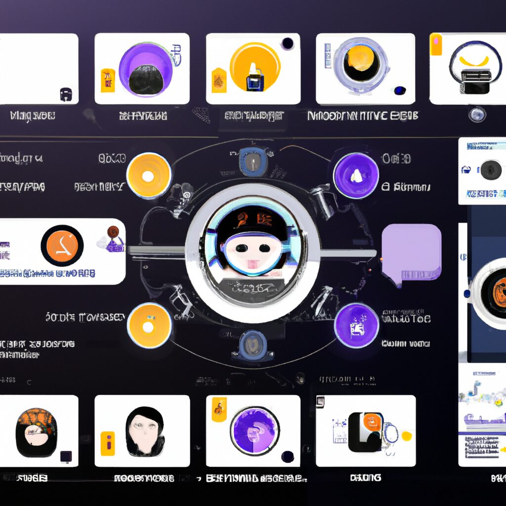 A futuristic chatbot interface displaying different AI components, illustrating the workings of AI chat assistants.