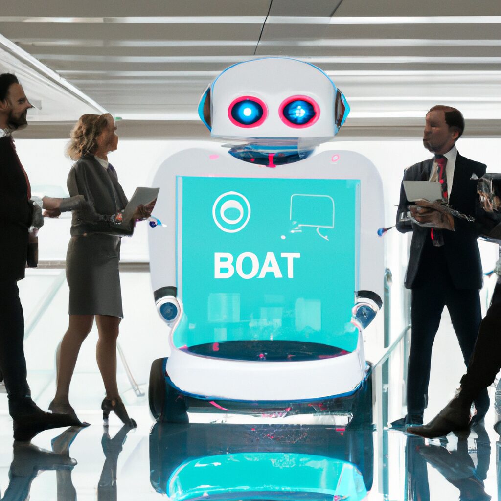 AI chatbot assisting a business team in a futuristic office setting