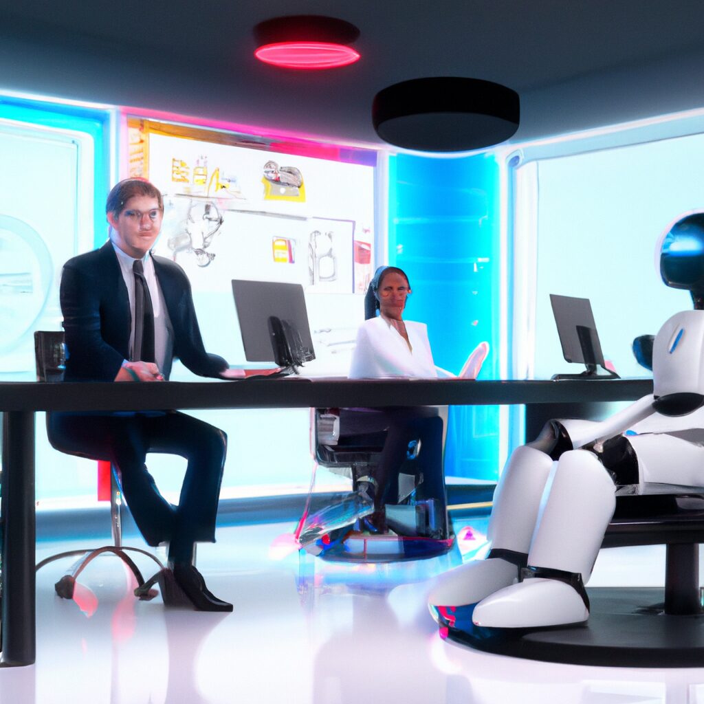 Futuristic office with AI-driven chatbots