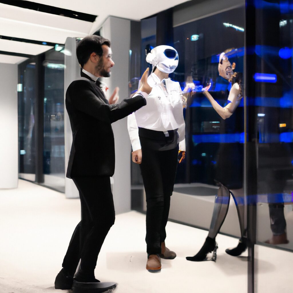 Futuristic AI assistant interacting with people in a modern office environment