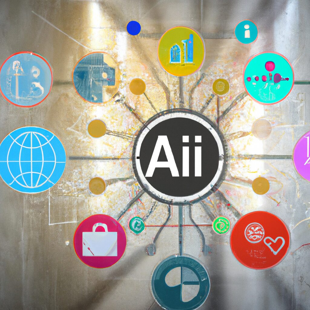 Visualization of AI integrating with various business sectors shown as a digital network or web.