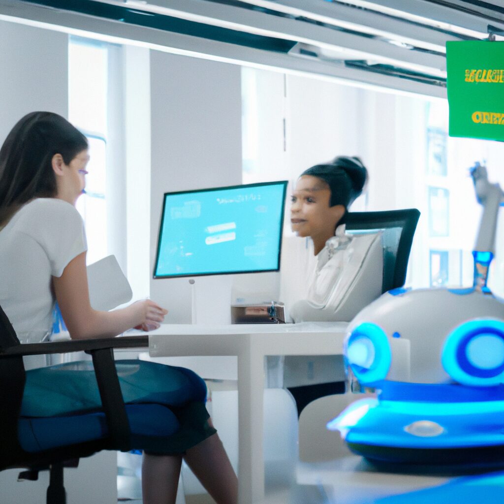 A futuristic AI chatbot assisting a user in a modern office setting.