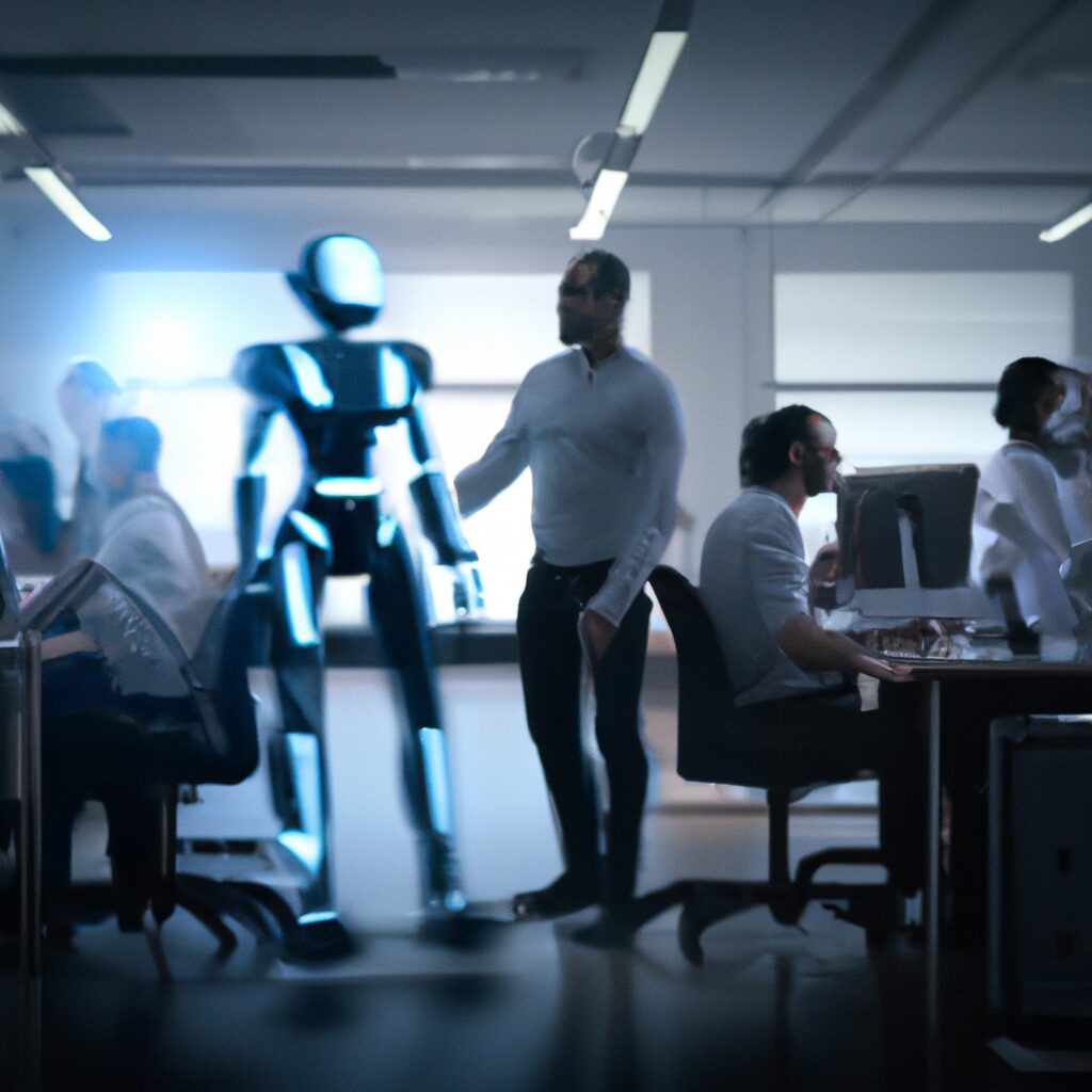 Futuristic AI technology concept with human and robots collaborating in a high-tech office environment